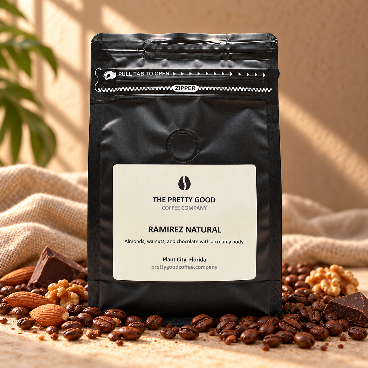Ramirez Natural coffee in The Pretty Good Coffee Company black pouch with almonds, walnuts, chocolate, and coffee beans on a warm stone counter.
